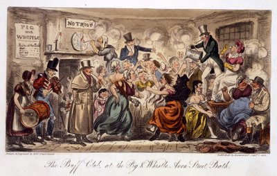 De Buff Club bij de Pig and Whistle, Avon Street, Bath, uit The English Spy, uitgegeven in Londen, 1825 door Isaac Robert Cruikshank